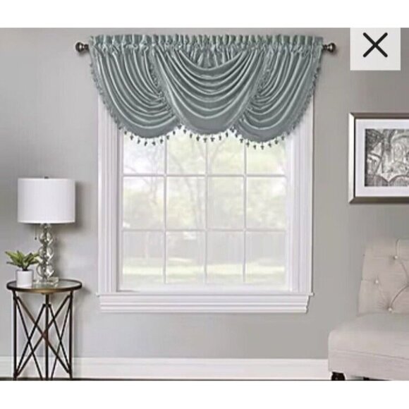 Regal‎ Home Regency Watercolor Pocket Waterfall Valance 58x38” Aqua Blue Tassel - Picture 1 of 7